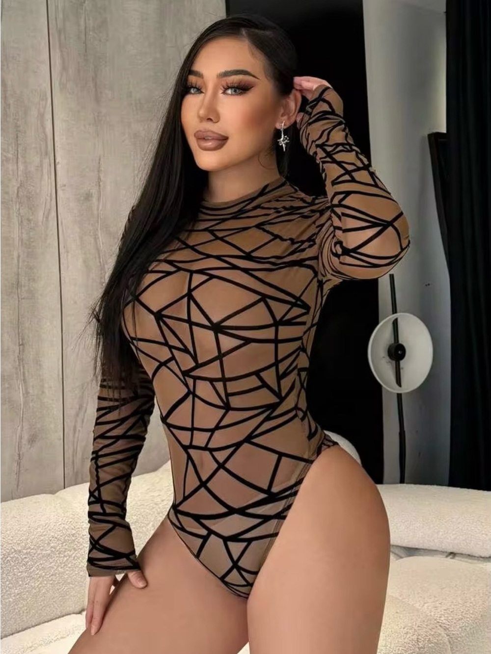 Fashion Nova Brown & Black Geometric Sheer Mock-Neck Bodysuit